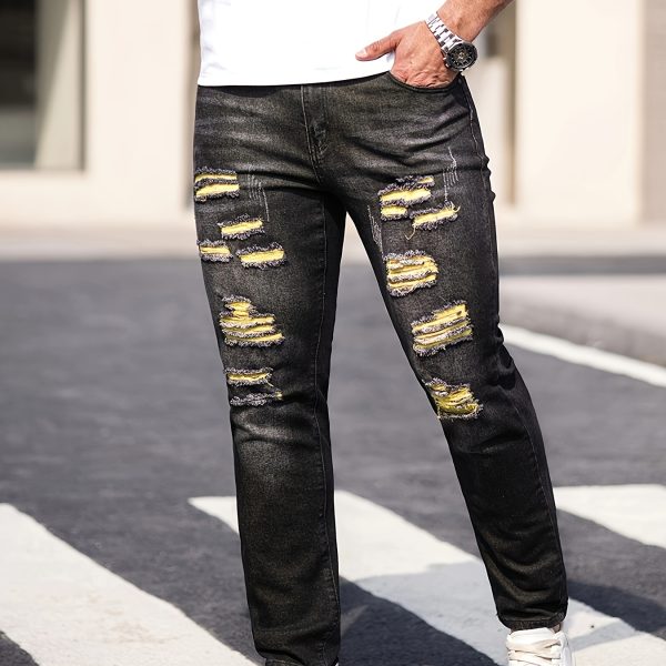 Men'S Black Jeans; Ripped Stretchy Denim Trousers; Casual Fashionable Yellow Ripped Pants