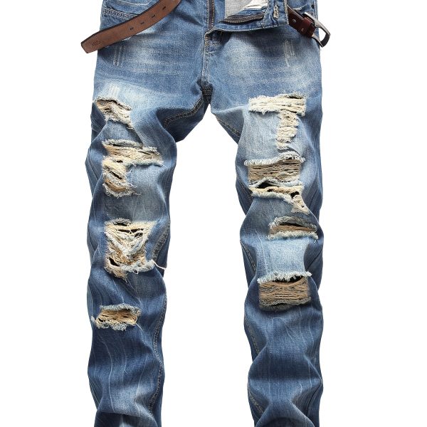 Men's Light Blue Slim-Fit Ripped Jeans - Distressed Streetwear Denim with Pre-Designed Tears, Machine Washable & Built- Zipper for Easy Wear, All-Season Casual Pants for Teens & Young Adults, Teenage Fashion, Streetstyle Clothing, Midwash Denim